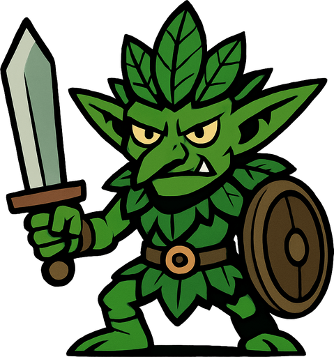 yeşil yapraklı dövüşçü goblin.
In-Game asset.  2d.  High contrast.  No shadows