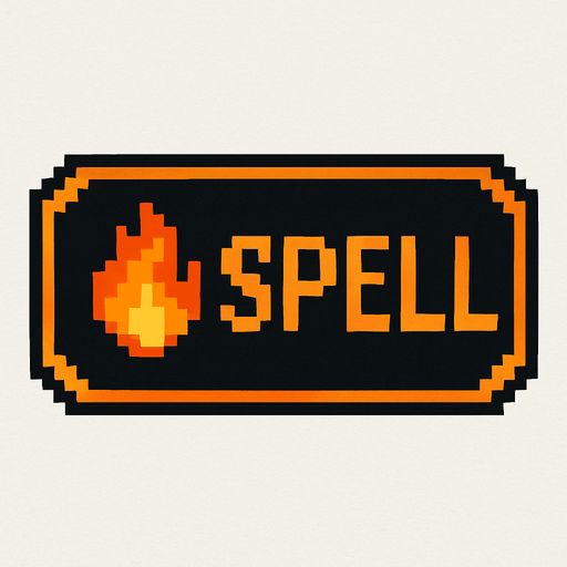 Black button with an orange outline that says "Spell" and has a fire icon, pixel art.
In-Game asset.  2d.  High contrast.  No shadows