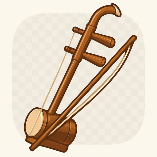 A clean 2D illustration of a traditional Chinese erhu string instrument, showing the bow and curved neck. Stylized with soft shadows, light highlights, and a transparent rounded background for use in educational games..
In-Game asset.  2d.  High contrast.  No shadows
