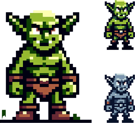 2d pixel goblin.
Single Game Texture. In-Game asset. 2d. Blank background. High contrast. No shadows.
