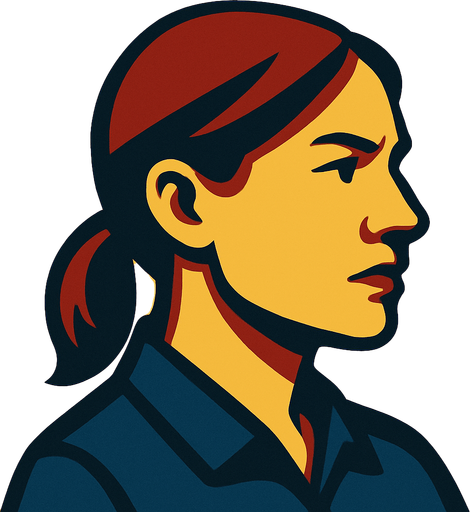 profile photo of a pragmatic woman.
In-Game asset.  2d.  High contrast.  No shadows