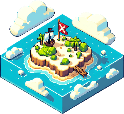 isometric tiny mini pirate island that floats in the sky. an red painted X marks the spot located in the center of the map. pixelated. 8 bit..
Single Game Texture. In-Game asset. 2d. Blank background. High contrast. No shadows.