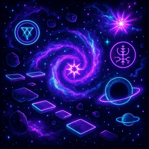 neon galaxy projection 3d simulation glowing swirling nebulas supernova solar system outer space purple cyan stars black holes esoteric magick sigils sparkle glowing cyberpunk starlight magick galaxy overlay projection asteroid starfield swirling background magical dimension pathway level obstacle layout videogame