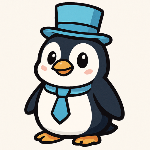 A cute penguin with a light blue top hat and light blue neck tie.
In-Game asset.  2d.  High contrast.  No shadows