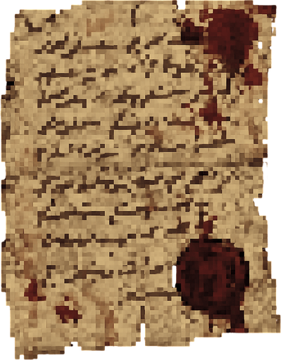 Create a pixel-art item of an old, mysterious letter for a horror-themed 2D game. The letter should be a yellowed, slightly torn piece of parchment with faded ink handwriting on it. Include smudges, old blood stains, or water damage for a haunting effect. The handwriting should look rushed or distressed. Fold marks or a wax seal (partially broken) can be added as details. It should look like something found in an abandoned house or crypt. PNG format with transparent background, suitable for inventory or collectible items..
In-Game asset.  2d.  High contrast.  No shadows