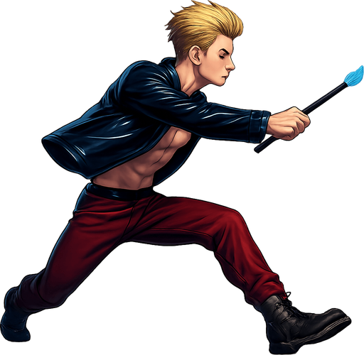 Swishy graceful man Cyberpunk manga, wand pointed straight ahead, arm extended, Slide across ground attack, side profile view attack animation, shiny black leather biker jacket longsleeves shirtless Skinny abs blonde pompadour guy, action shot wine red joggers combat boots, Background removed, "Full-body character, entirely in frame, no cropping of face, head, or feet" "Complete character visible, from head to toe, fully centered in the image" "Entire character, including face and boots, fully within the frame" Character fully contained within a square frame, no edges cut off fashion model running pose