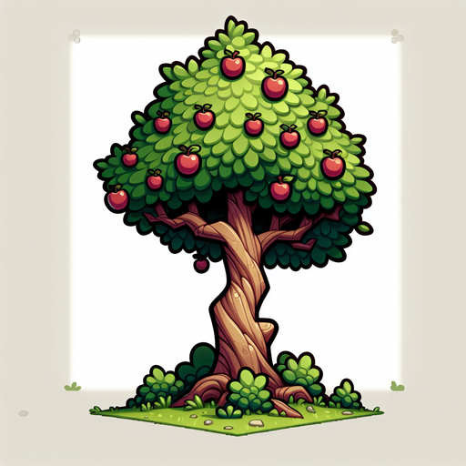 Apple tree with crown extending beyond the frame, tall trunk full height of the frame, cartoon style.
Single Game Texture. In-Game asset. 2d. Blank background. High contrast. No shadows.