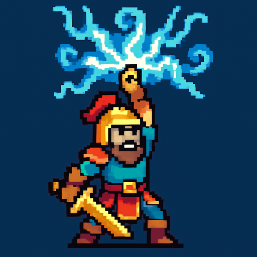 a hero, channeling, pixel art.
In-Game asset.  2d.  High contrast.  No shadows