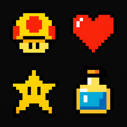 Power-up emojis yap 2d pixel.
In-Game asset.  2d.  High contrast.  No shadows