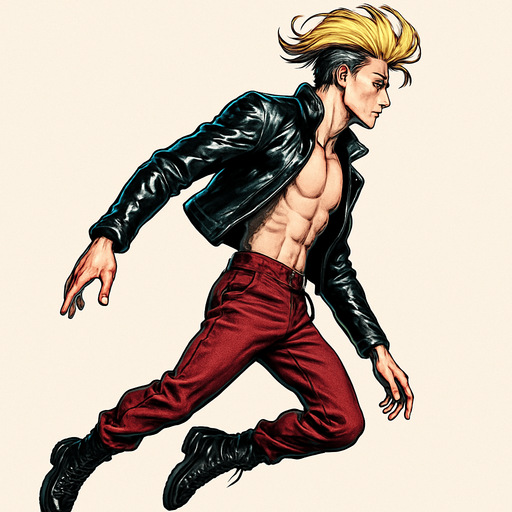 Swishy graceful man Cyberpunk manga, side profile view, flying flight levitation action shot shiny black leather biker jacket longsleeves shirtless Skinny abs blonde pompadour guy, dynamic motion lifting off ground wine red joggers combat boots, tilting forward legs relaxed toes pointed arms relaxed at sides, Background removed, "Full-body character, entirely in frame, no cropping of face, head, or feet" "Complete character visible, from head to toe, fully centered in the image" "Entire character, including face and boots, fully within the frame" Character fully contained within a square frame, no edges cut off fashion model pose style of Vogue magazine