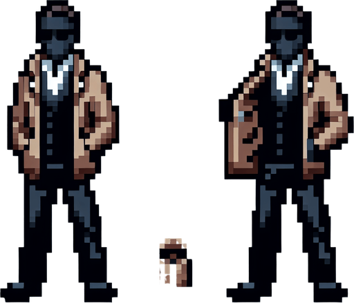 uma spritesheet de um espião desconhecido, a segunda sprite é dele abrindo sua jaqueta para mostrar os itens que ele tem pixel art.
Single Game Texture. In-Game asset. 2d. Blank background. High contrast. No shadows.
