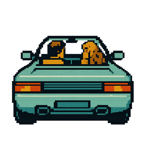 The red car from Out Run, the retro arcade game, vertical, lookip up, pixel  but now the car is of another color. There should be a man or a woman driver and a man or a lady on the copilot seat. Only draw the car the rest is transparent. Same perspective as the Out Run car.
In-Game asset.  2d.  High contrast.  No shadows