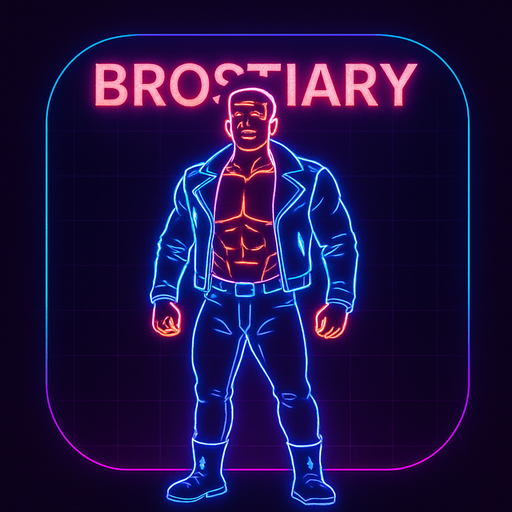 Neon cyberpunk App icon BROSTIARY encyclopedia of black leather biker jacket longsleeves shirtless musxles pants boots hunk outline linework glowing 3d hologram flat