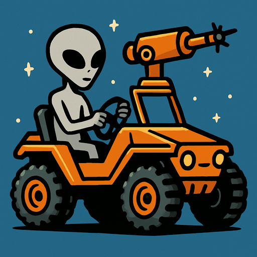 Grey alien driving a moon buggy space car with a laser cannon mounted on the roof.
In-Game asset.  2d.  High contrast.  No shadows