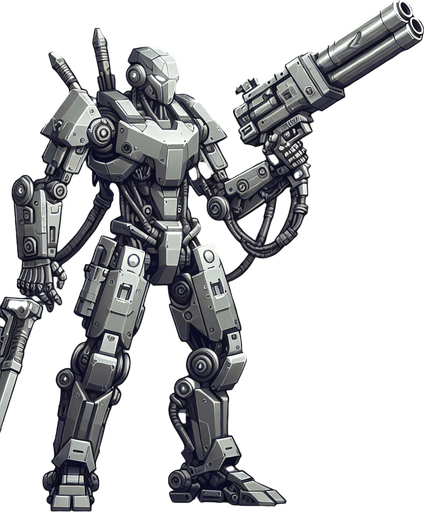 a gray transformer with a gun as one of his hands.
Single Game Texture.  In-Game asset.  2d.  Blank background.  High contrast.  No shadows