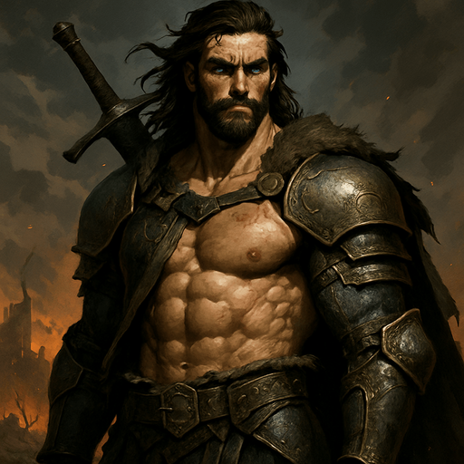 A towering, hypermasculine medieval warrior standing heroically on a battlefield at dusk, clad in weathered steel armor with golden engravings, his broad chest exposed under a torn fur-lined cloak, muscles defined and glistening with sweat and blood. Long, slightly wavy dark brown hair flows in the wind, a rugged chiseled jawline with a trimmed beard, piercing ice-blue eyes filled with intensity. Scars on his shoulder and a massive greatsword resting on his back. Background features a stormy sky and burning ruins, a dramatic lighting highlighting the power in his posture. Cinematic, realistic, highly detailed, epic composition, moody atmosphere --realistic style, medieval fantasy, 4K, ultra-detailed, volumetric lighting. realistic.
In-Game asset.  2d.  High contrast.  No shadows