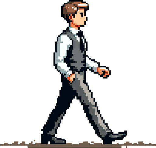 8-bit. cartoon. fancy office person. walking from the side. in game asset. Single Game Texture. In-Game asset. 2d. Blank background. High contrast. No shadows.
