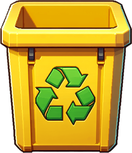 Face view of an open Yellow recycle bin with a green recycling sign..
In-Game asset. 2d. Blank background. High contrast. No shadows.