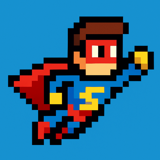 flying pixel art hero.
In-Game asset.  2d.  High contrast.  No shadows