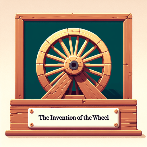 An animated image of a wooden wheel with a sign: The invention of the wheel.
Single Game Texture. In-Game asset. 2d. Blank background. High contrast. No shadows.