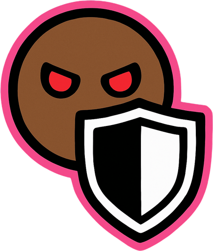 Brown simple circular enemy seen from above, pink outline. red eyes, with a single shield in-font of it. Black and white only. Blue background..
In-Game asset.  2d.  High contrast.  No shadows