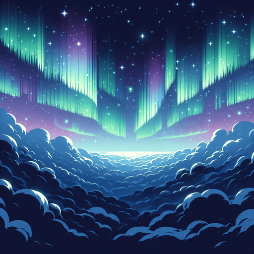 Starry night sky, northern lights, looking up. Cartoon style. Above clouds
Single Game Texture. In-Game asset. 2d. Blank background. High contrast. No shadows.