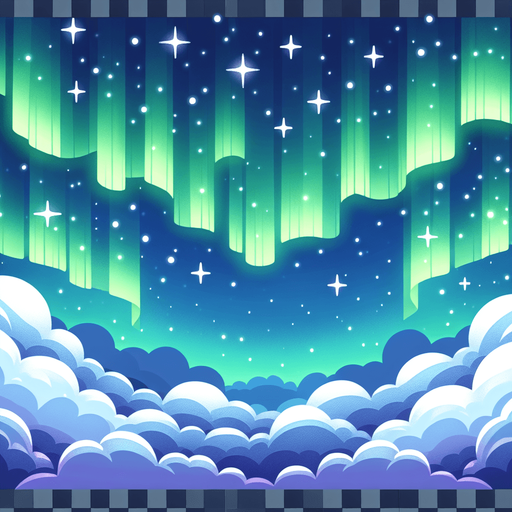 Starry night sky, northern lights, looking up. Cartoon style. Above clouds
Single Game Texture. In-Game asset. 2d. Blank background. High contrast. No shadows.