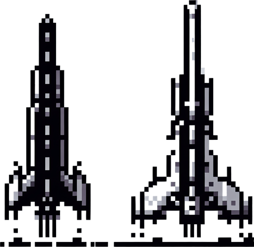 pixelart of a tall and thin spaceship, no background
Single Game Texture. In-Game asset. 2d. Blank background. High contrast. No shadows.