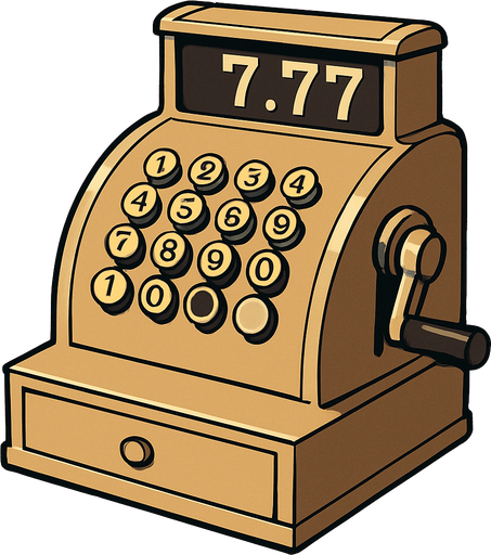 An old style cash register. The numeric read out says 7.77. Anime style..
In-Game asset.  2d.  High contrast.  No shadows