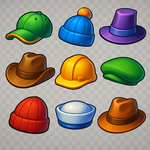 Pack of different hats.
In-Game asset.  High contrast.  No shadows. 3D