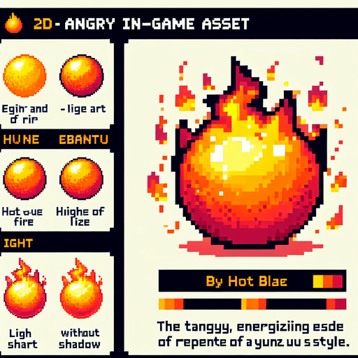 yuzu olan kizqin bir ates topu sinirli yakici ve pixelart.
Single Game Texture.  In-Game asset.  2d.  Blank background.  High contrast.  No shadows