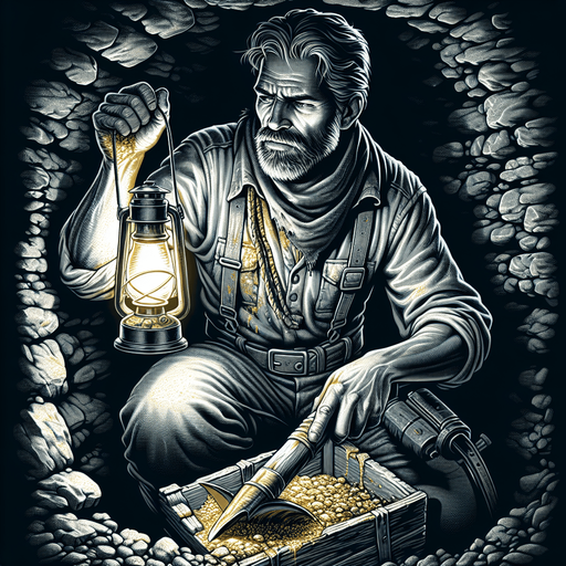 A gold miner.
Single Game Texture. In-Game asset. 2d. Blank background. High contrast. No shadows.