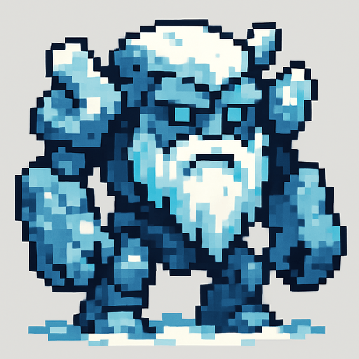 buz golemi (sakalıı buz güzlü  kar gibi yerleri olan ama buz olan yerleride olan ) pixel art bide.
In-Game asset.  2d.  High contrast.  No shadows