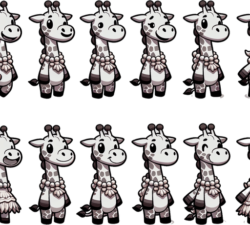 A spritesheet with a number of poses of a cartoonish giraffe with a seashell necklace, smiling, walking, waiting, standing, ordering, turning, etc. all seen from the side.The spritesheet should be laid out in a rectangular grid with clear space between each individual sprite. Each sprite in the sheet should be around 300x600 pixels in size..
Single Game Texture. In-Game asset. 2d. Blank background. High contrast. No shadows.