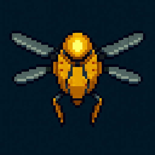 Flying pixel art flying drone, top down, insectoid design, yellow light on top.
In-Game asset.  2d.  High contrast.  No shadows