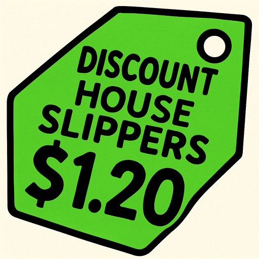 green price tag that says discount house slippers $1.20.
In-Game asset.  2d.  High contrast.  No shadows
