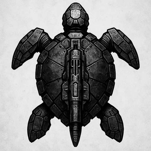 vertical top down gray burn robotic turtle scifi war submarine.
In-Game asset.  2d.  High contrast.  No shadows