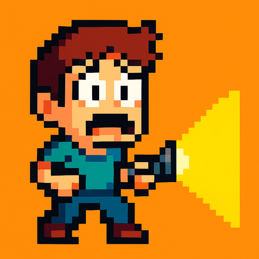 a scared pixel art kid with a flashlight.
In-Game asset.  High contrast.  No shadows