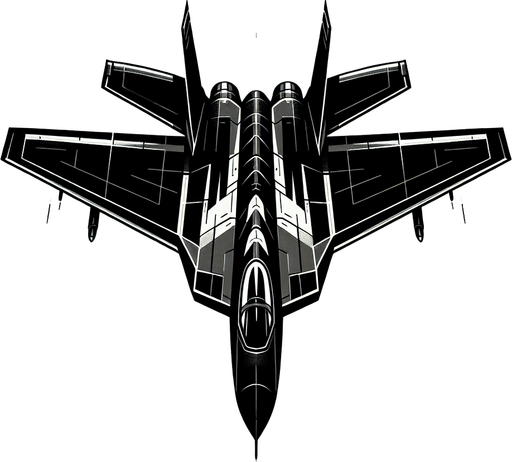 Straight black fighter jet.
Single Game Texture. In-Game asset. 2d. Blank background. High contrast. No shadows.