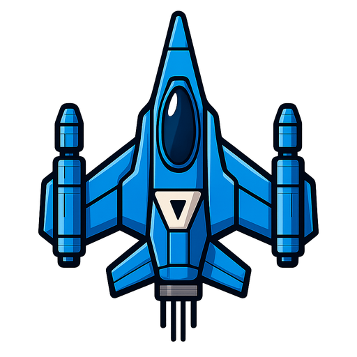 A player's spaceship in a topdown shooter (mainly blue in colour).
In-Game asset.  2d.  High contrast.  No shadows