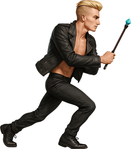 Blonde undercut pompadour black leather biker jacket longsleeves holding magic wand teal gemstone tip shirtless skinny toned abs pecs Switch arm positions, arm crossed in front of body, profile side view, running, Background removed, "Full-body character, entirely in frame, no cropping of face, head, or feet" "Complete character visible, from head to toe, fully centered in the image" "Entire character, including face and shoes, fully within the frame" Character fully contained within a square frame, no edges cut off