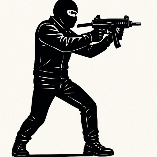 un motociclista vestido de negro apuntando con una smg de cuerpo completo con perspectiva lateral 
In-Game asset.  2d.  High contrast.  No shadows sin casco y sin moto