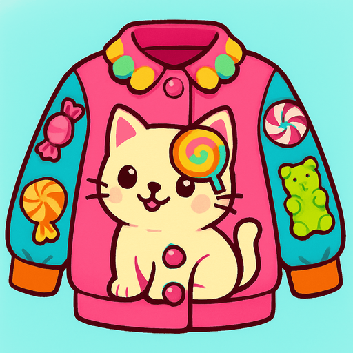 cute candy cat design jacket top view..
In-Game asset.  2d.  High contrast.  No shadows