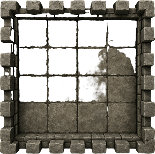 A rectangular stone castle battlement, seen from directly above. In between the walls is a weathered looking 3x5 grid. Rectangle. Not square. Realistic graphics..
In-Game asset.  2d.  High contrast.  No shadows