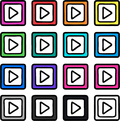 a sprite sheet for a 2D illustration of colored square buttons containing a minimalistic triangle arrow inside them, for a rythm based musical casual mobile game.
In-Game asset.  2d.  High contrast.  No shadows