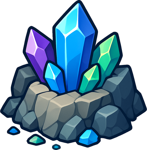 Crea un nodo de recurso de Mina de Cristales en un estilo 2D renderizado, limpio y cartoonish, con contornos claros y definidos, colores vibrantes con transiciones suaves, y sombreado que dé volumen. Debe ser fácilmente reconocible como una fuente de cristales (gemas).

Estructura Principal: Un afloramiento rocoso con cristales brillantes incrustados. Los cristales pueden ser de varios colores (azul, morado, verde) y de diferentes tamaños, con un brillo sutil.

Rocas: Las rocas circundantes pueden tener una textura diferente a la mina de oro, quizás más angulares o con colores más fríos.

Formación: Los cristales deben estar agrupados en formaciones geológicas naturales, y puede haber pequeños fragmentos de cristal esparcidos alrededor.

Dimensiones Sugeridas: Similar a la mina de oro (64x64 o 96x96 píxeles)..
In-Game asset.  2d.  High contrast.  No shadows