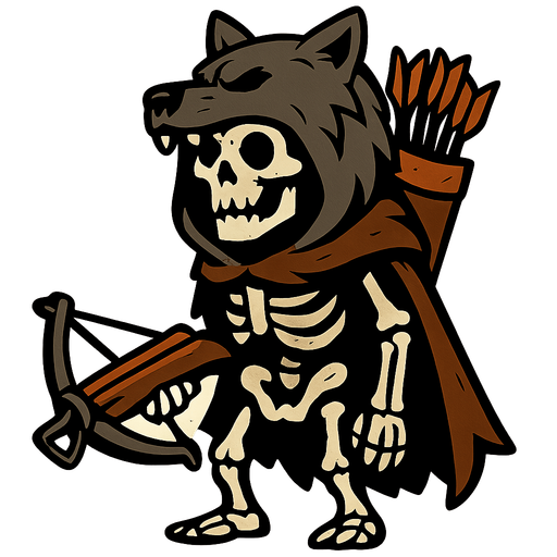 Skeleton with a dead wolf's head as a hood, a Crossbow and a big quiver.
In-Game asset.  2d.  High contrast.  No shadows