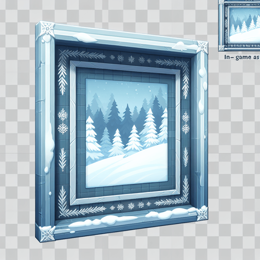 an empty painting with a winter styled frame Single Game Texture. In-Game asset. 2d. Blank background. High contrast. No shadows.