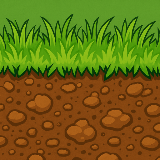 the soil covering the entire image and extending horizontally and the greenery (short grass) on top of it.
In-Game asset.  2d.  High contrast.  No shadows