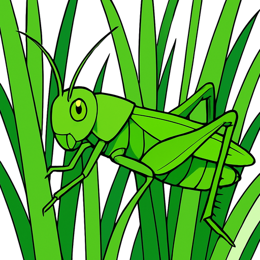 gambar 2d anime belalang hijau menempel di rumput panjang.
In-Game asset.  2d.  High contrast.  No shadows